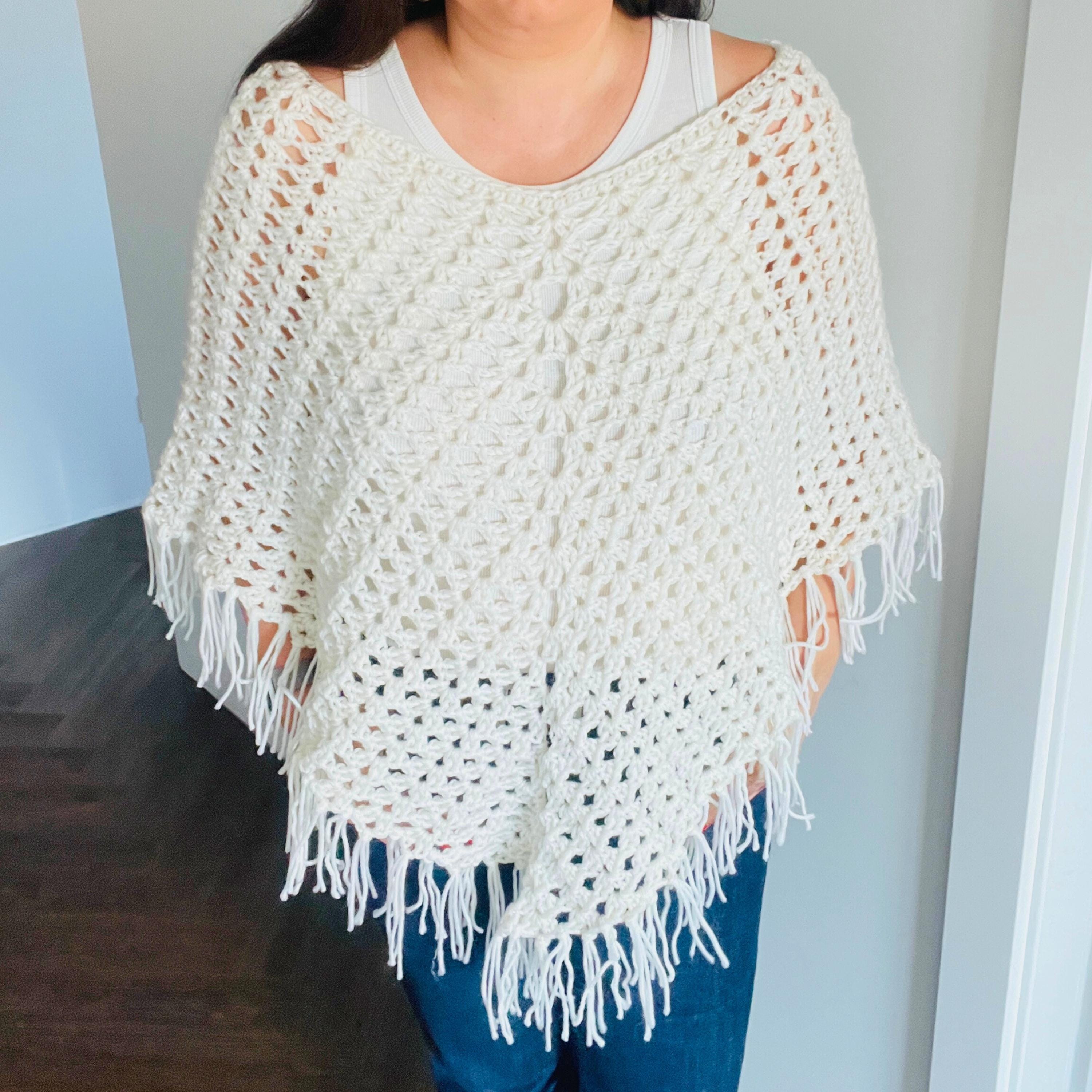 Crochet Poncho Pattern PDF | Easy Fringe Boho Wrap